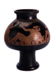 Vaso ático de figuras rojas con escena de simposio, 505-500 a.C.